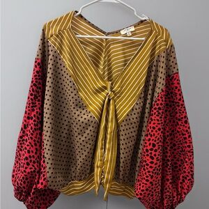 Umgee Mixed-Print Tie-Front Blouse in Mustard, Brown & Red